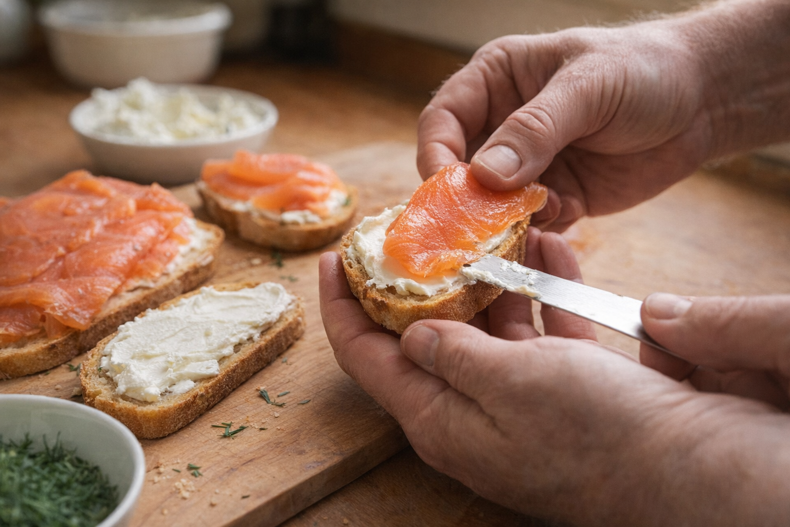 A close-up shot of assembling smoked salmon appetizers: a hand spreading cream cheese on a toasted baguette slice, another hand placing a slice of smoked salmon on top.
